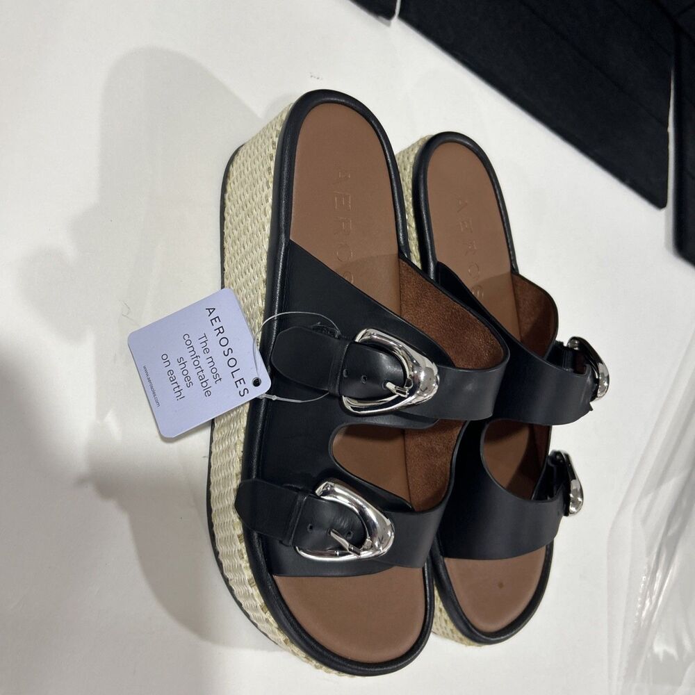 Aerosoles Darcy Black Leather Platform Sandals With Double Buckle Closures Size8